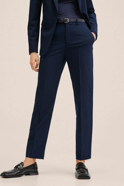 Dark navy tailored trousers with belt loops, zip fly, and straight ankle-length legs