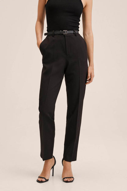 Black high-waisted trousers with belt and sleeveless top