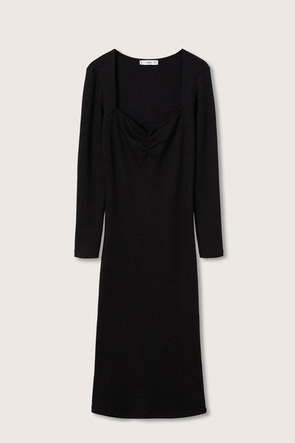 Black fitted midi dress with long sleeves and draped V-neck detail