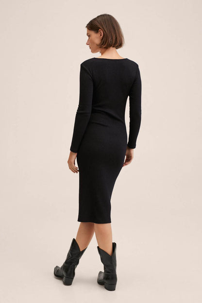Black fitted midi dress back view with long sleeves and scoop neckline