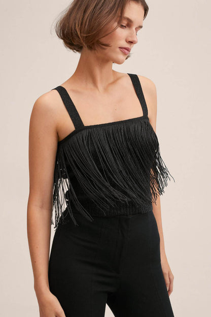 Black fringe camisole top with tassel fringe detail and thin straps