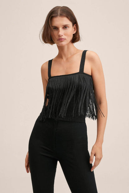 Black fringe camisole top with square neckline and thin straps