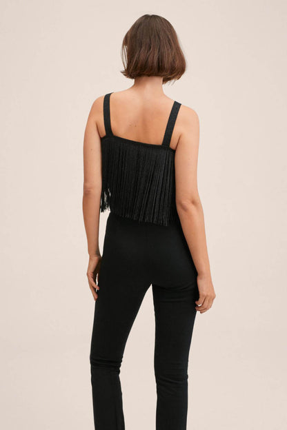 Black fringe camisole top, open back with thin shoulder straps