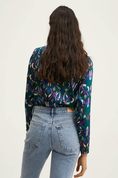 MANGO long-sleeve patterned top with abstract leaf print, back view