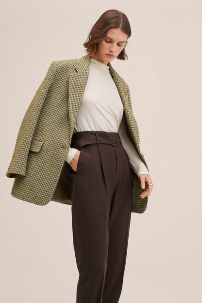 Dark brown high-waist trousers with belt tie and cuff button details