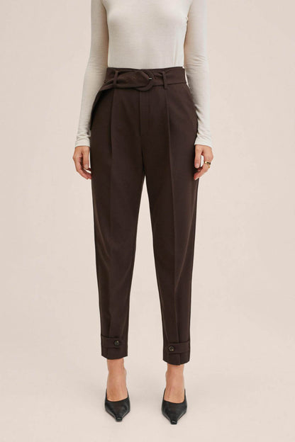 Brown high-waist trousers with belt tie and cuff button details
