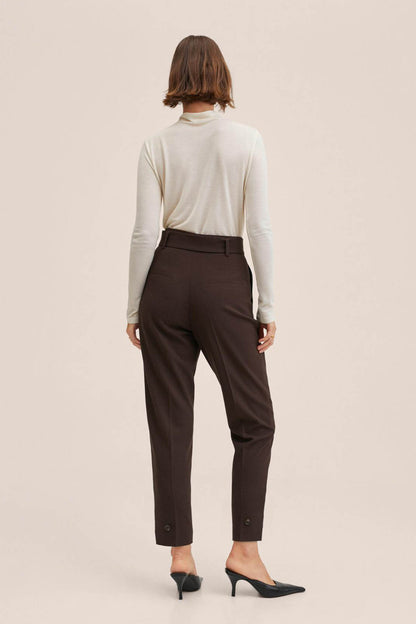Brown high-waist trousers with belt loops and cuff button details, back view