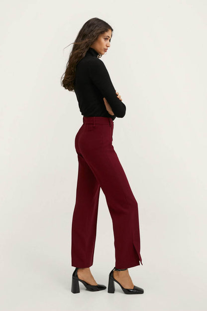 Plum high-rise trousers with wide waistband and straight, ankle-length leg