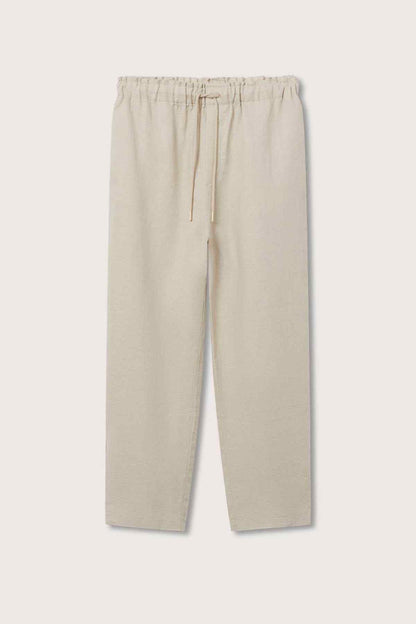 Light pastel grey drawstring trousers with elastic waist and straight cropped legs