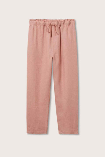 Pink straight drawstring pants with elastic waistband and front tie