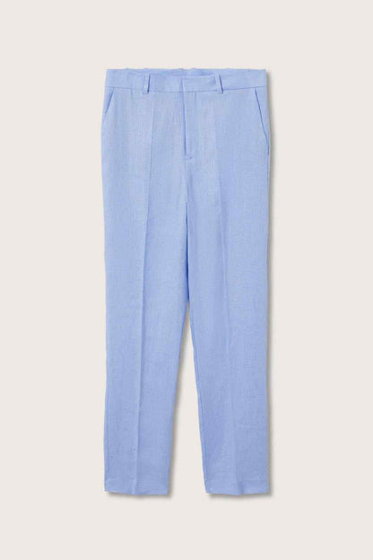Sky-blue cropped trousers with belt loops and pleated front