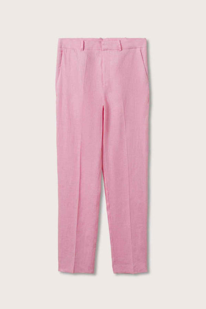 Pink trousers laid flat, showing belt loops, pleats, and ankle-length hem