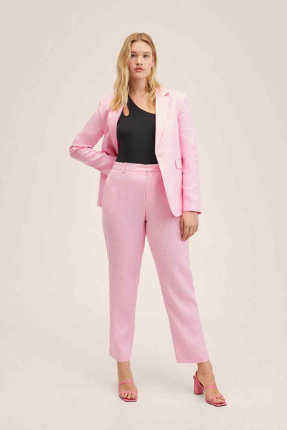 Pink tailored trousers with front pleats, belt loops, and ankle hem detail