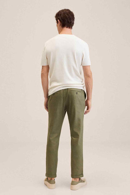 Khaki drawstring trousers, back view, elastic waistband and straight legs