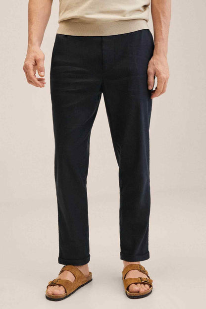 Dark navy drawstring trousers with straight-leg fit