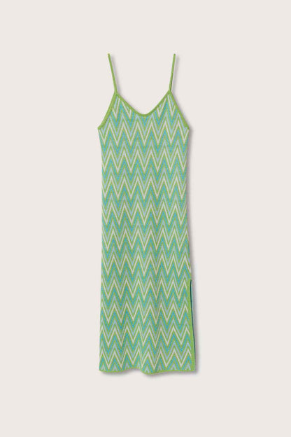 Green chevron knit midi slip dress with spaghetti straps and side slit