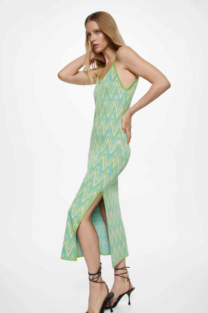 Green chevron knit midi slip dress with spaghetti straps and front side slit