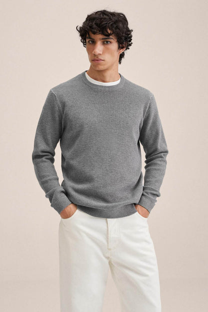 Men's heather grey crewneck sweater with ribbed cuffs and hem