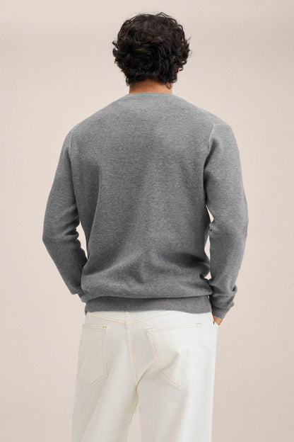 Men's heather grey crewneck sweater, rear view with ribbed hem and cuffs