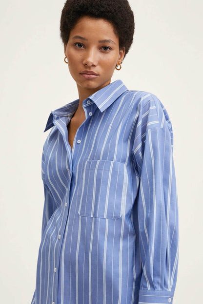 MANGO blue striped button-up shirt with front yoke and chest pocket