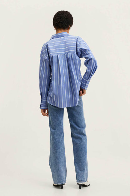 MANGO blue striped button-up shirt, back view, long sleeves