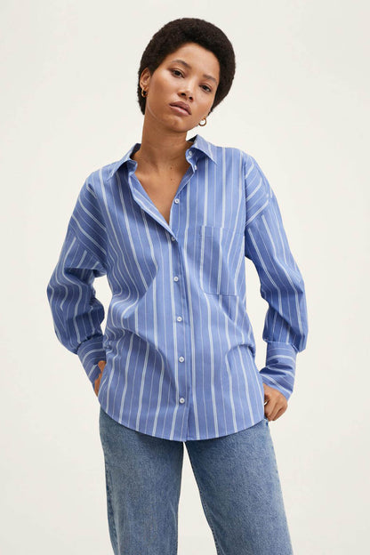 MANGO blue striped button-up shirt with chest pocket and long sleeves
