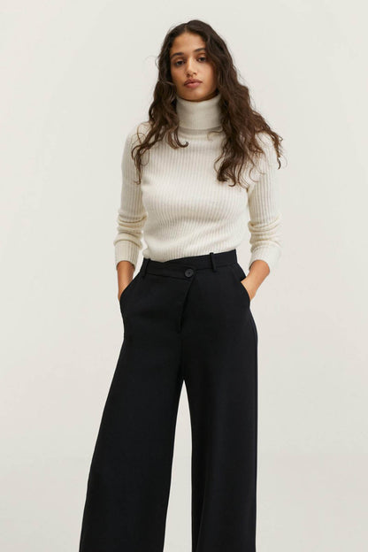 Black high-rise wide-leg trousers with button waistband and crease front
