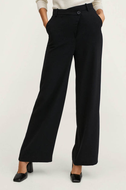 Black wide-leg trousers with high rise and button-front closure