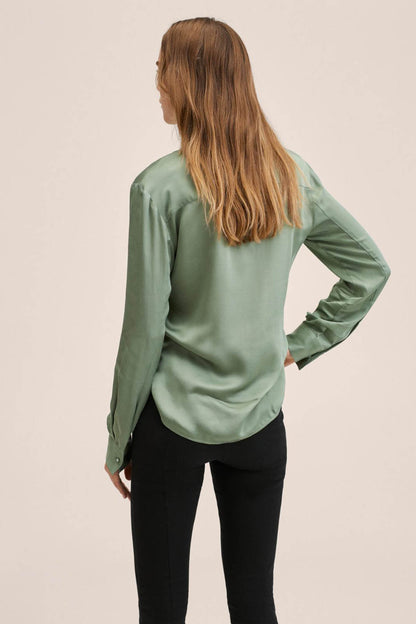 MANGO green button-up shirt back view, long sleeves, curved hem