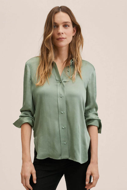MANGO green button-up shirt with collar and 3/4 sleeves
