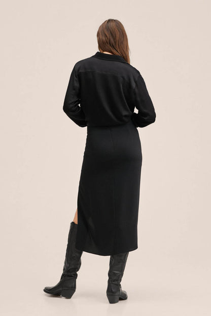 Black back view midi dress with button placket and side slit