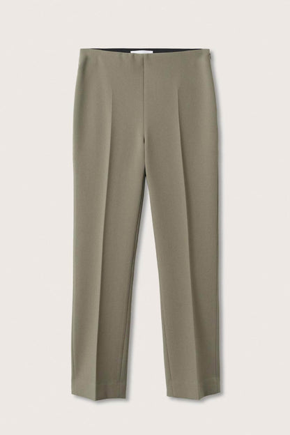 Olive-brown straight-leg trousers with belt loops, front pleats, and slim ankle crop
