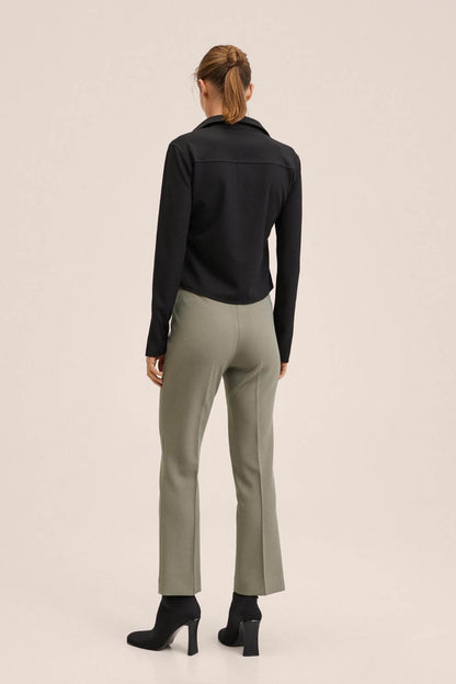 Olive-brown tailored trousers, back view with straight fit and ankle-crop