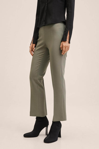 Olive-brown tailored straight-leg trousers with front crease and cropped length