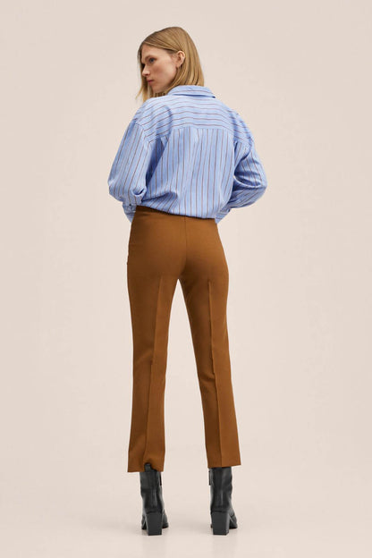 Cognac brown high-rise straight-leg ankle trousers, back view