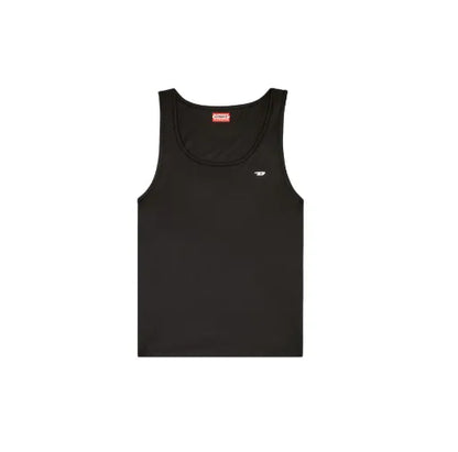 Black sleeveless tank top with crew neck and small white logo
