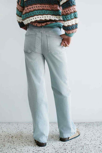Light grey wide-leg jeans with front pockets and button closure
