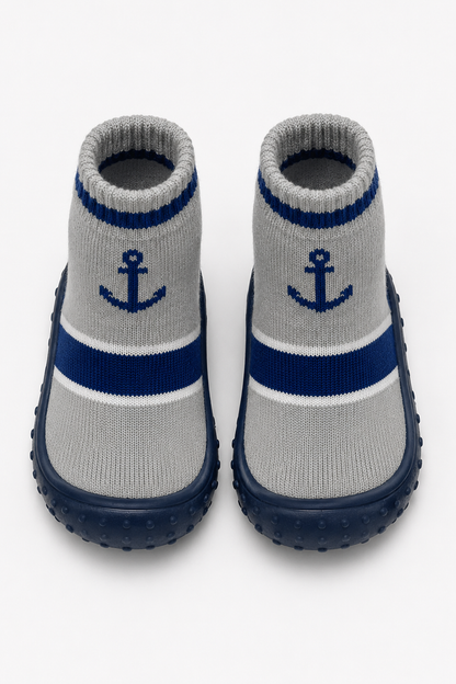 Grey ankle socks with blue-and-white stripes, anchor embroidery, and grippy rubber soles
