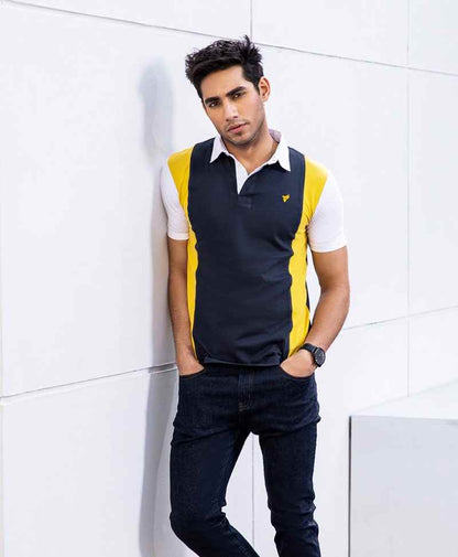 Men's navy polo sweater vest with yellow side panels and small chest emblem
