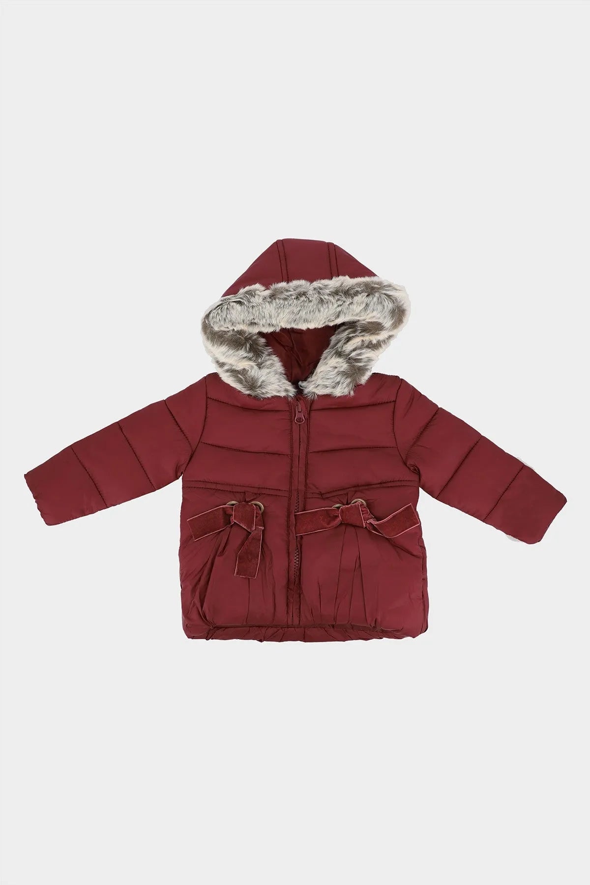 Kids maroon puffer jacket with fur-trim hood, full front zipper and front pockets