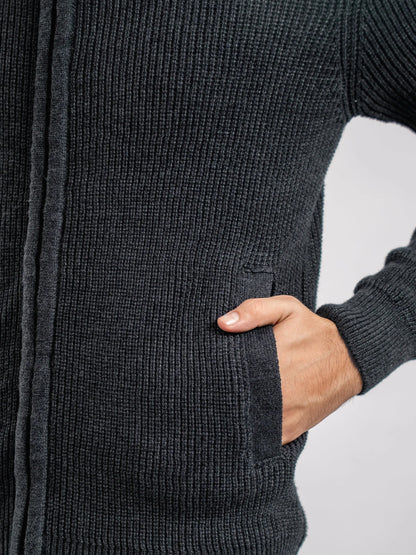 Charcoal cotton cardigan cuff with ribbed hem and zip detail