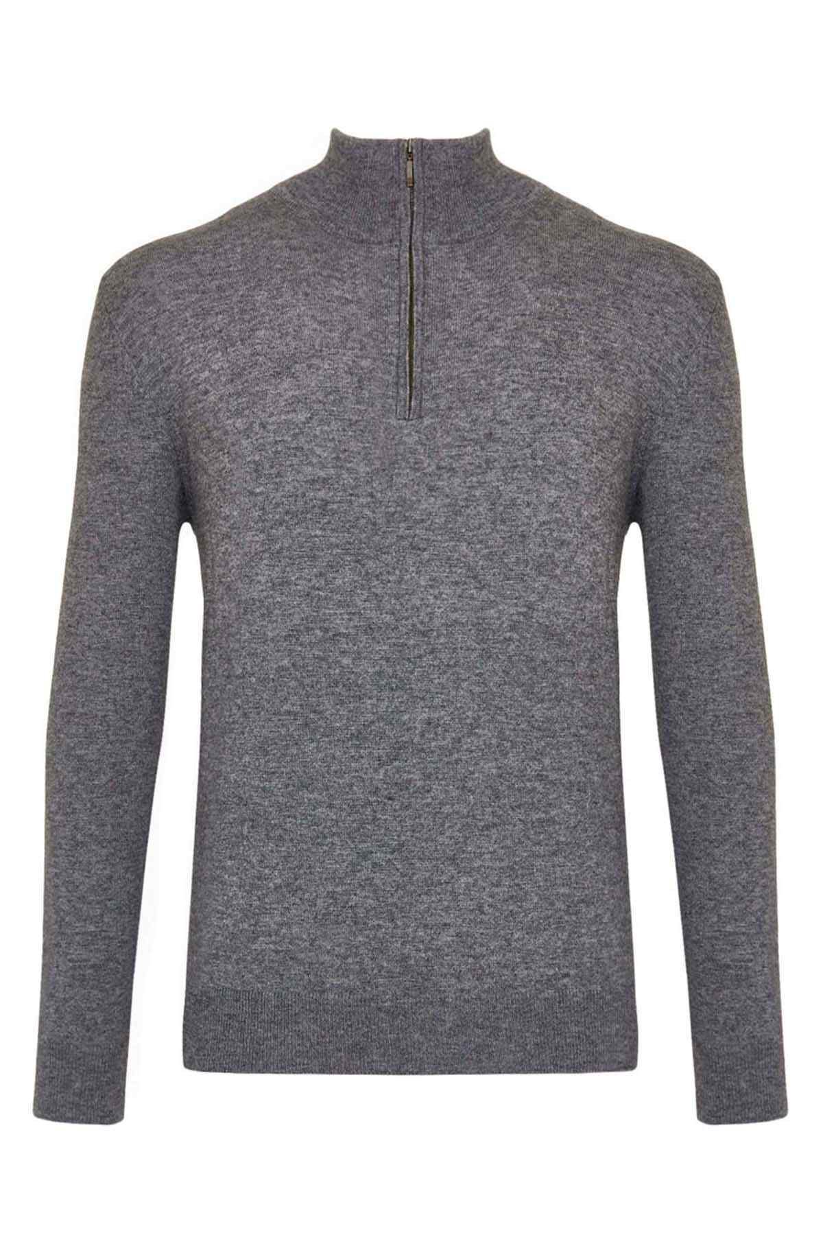 Grey knit quarter-zip sweater with mock neck and long sleeves