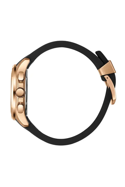 BHPC gold-tone wristwatch case with black rubber band and clasp