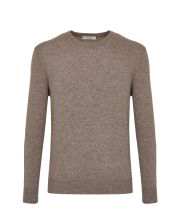 Brown heather knit crewneck sweater with long sleeves, ribbed cuffs and hem