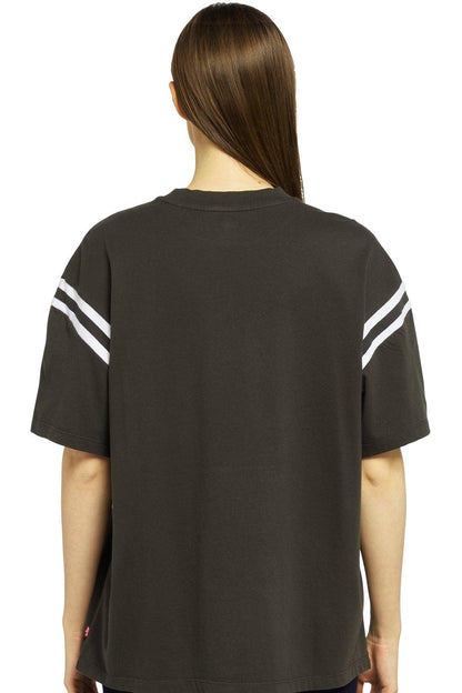 Black T-shirt back view with white striped sleeve bands