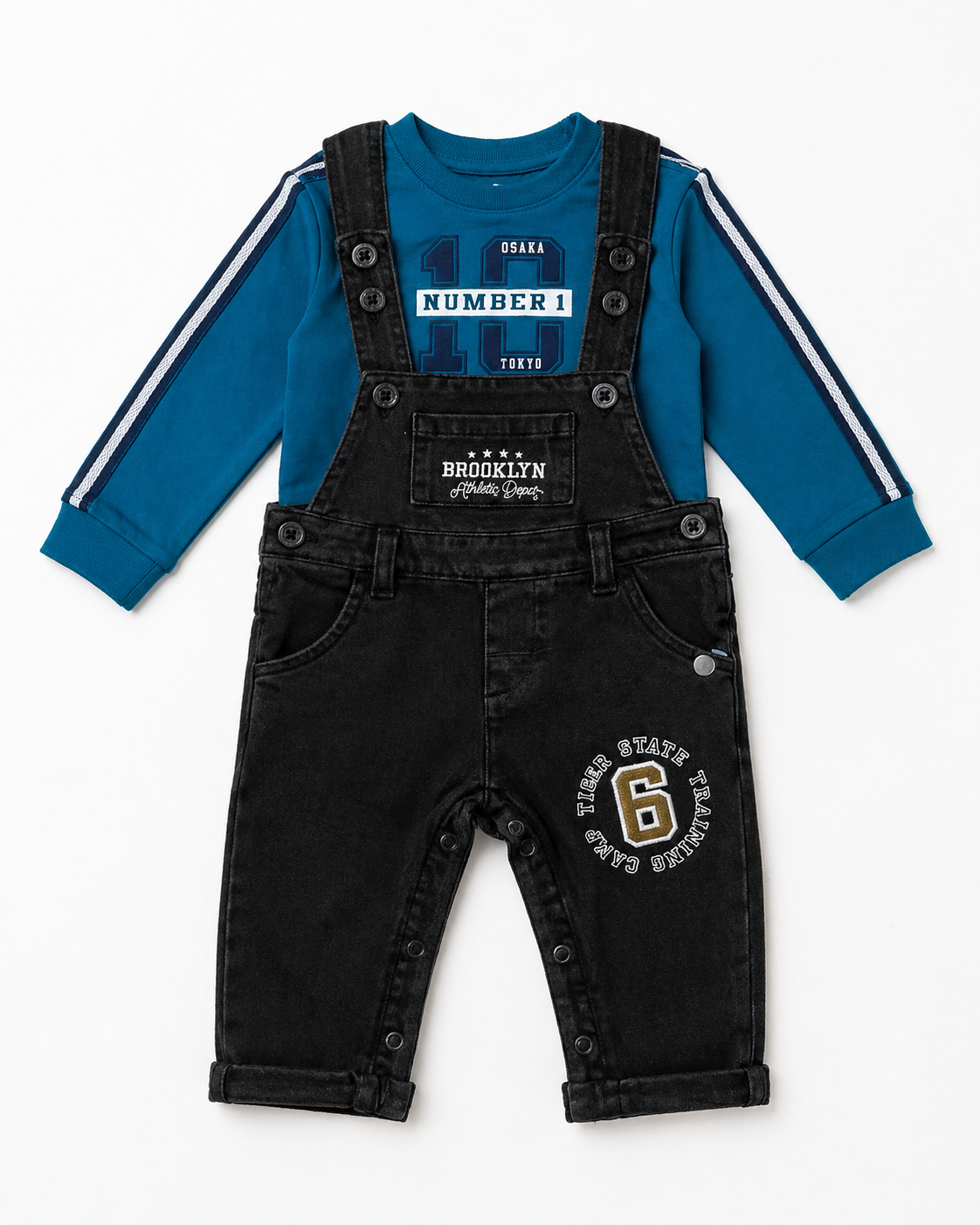 Blue long-sleeve top with stripe sleeves and black denim overalls set, front view