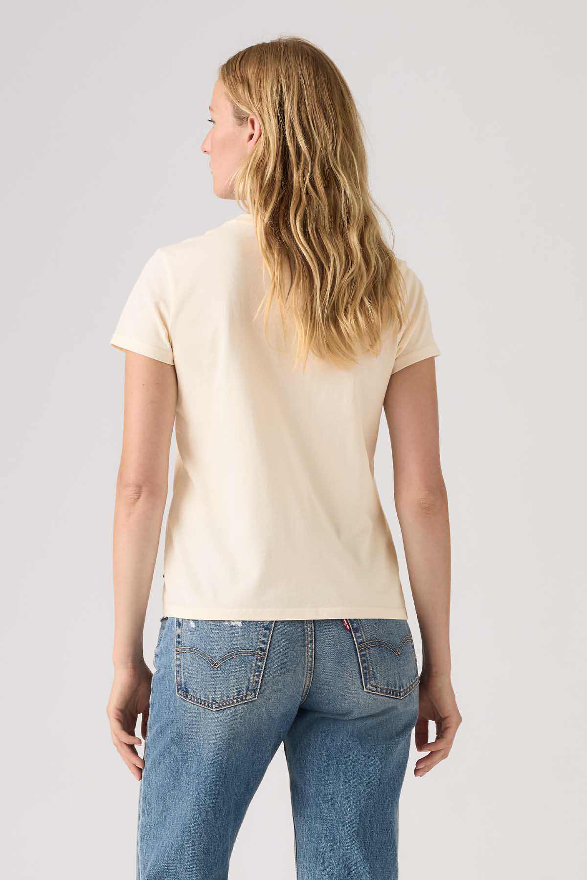 Women's cream graphic T-shirt, crew neck and short sleeves, back view