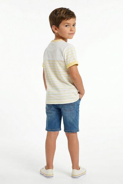 Kids yellow-striped crewneck T-shirt worn with blue denim shorts
