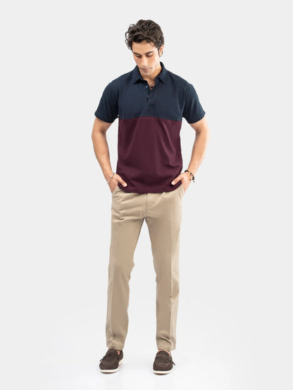 Color-block polo shirt in navy and burgundy, short sleeves, button placket, cotton