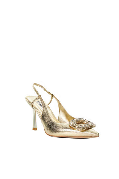 Gold metallic stiletto heels with pointed toe and jeweled front ornament